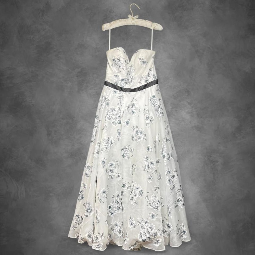 Ivory Floral Strapless Prom Dress with Black Waistband